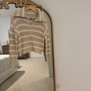 Beige Striped Half Zip Knit Sweater
